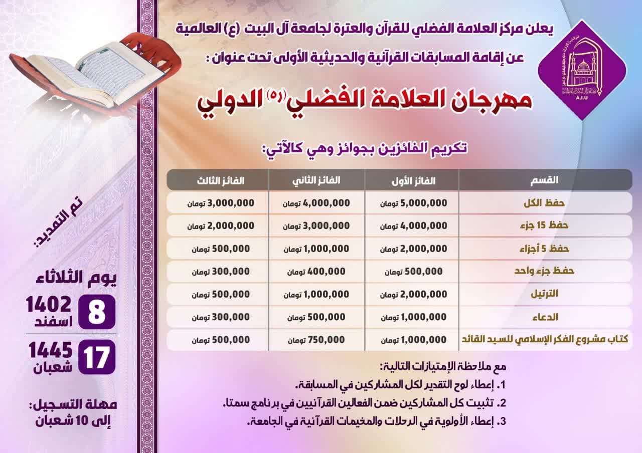 إقامة المسابقات القرآنية الحديثية الأولى تحت عنوان : مهرجان العلامة الفضلي (ره) الدولي